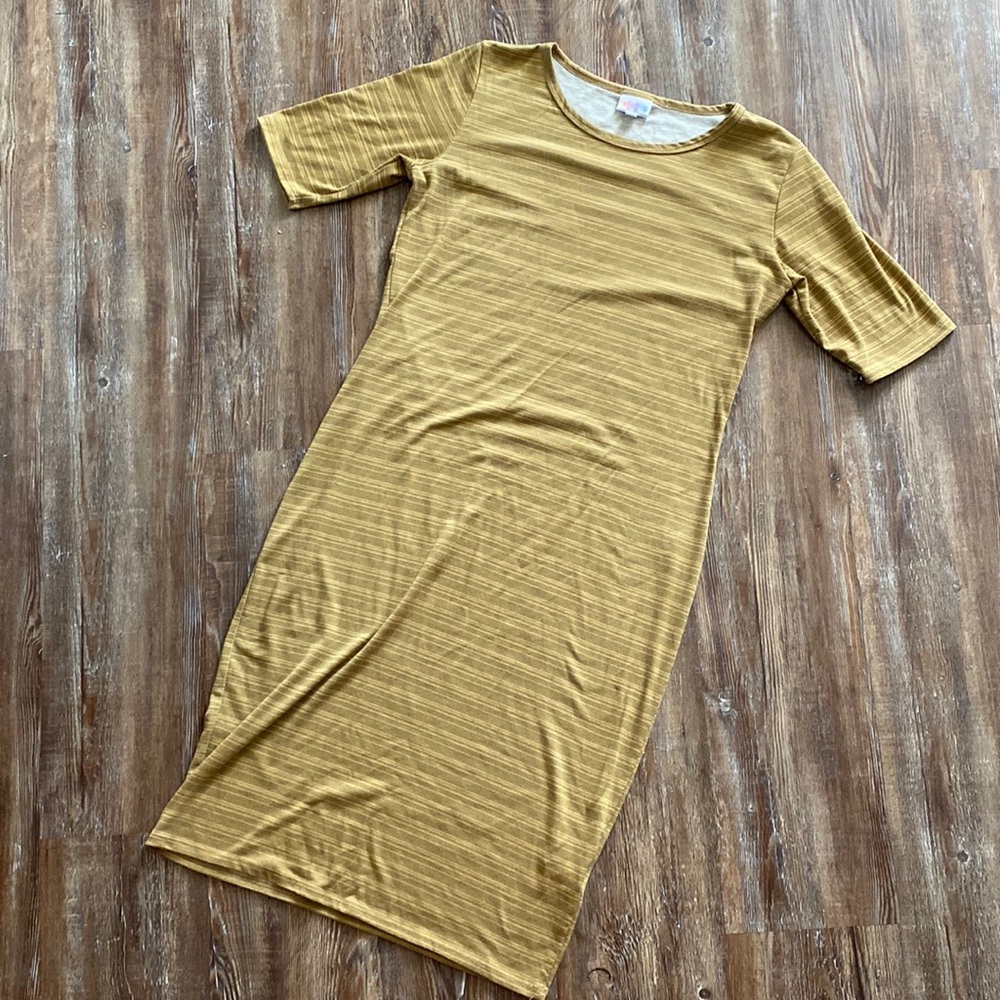 Lularoe Neutral Striped Short Sleeve Simply Comfortable Below the Knee Dress